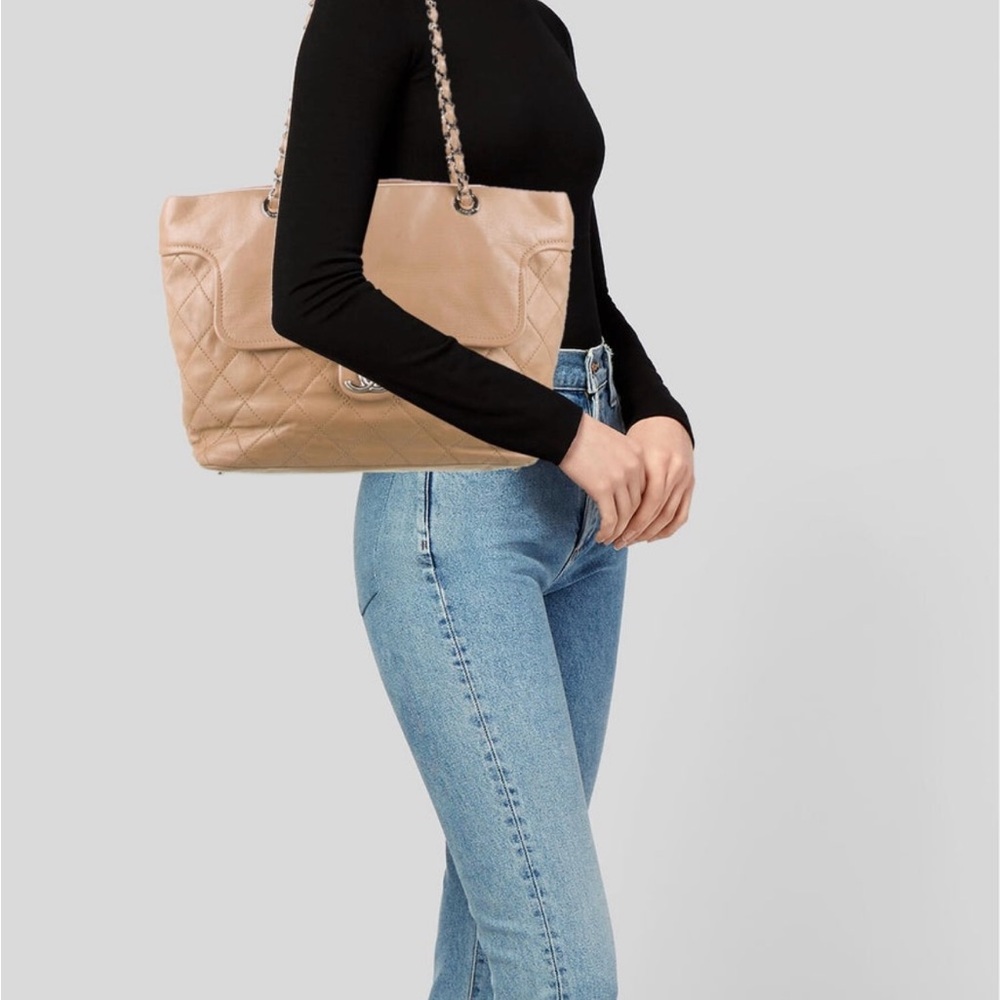 Chanel Quilted CC Flap Tote Calf Cowhide Beige Chainlink Shoulder Bag.